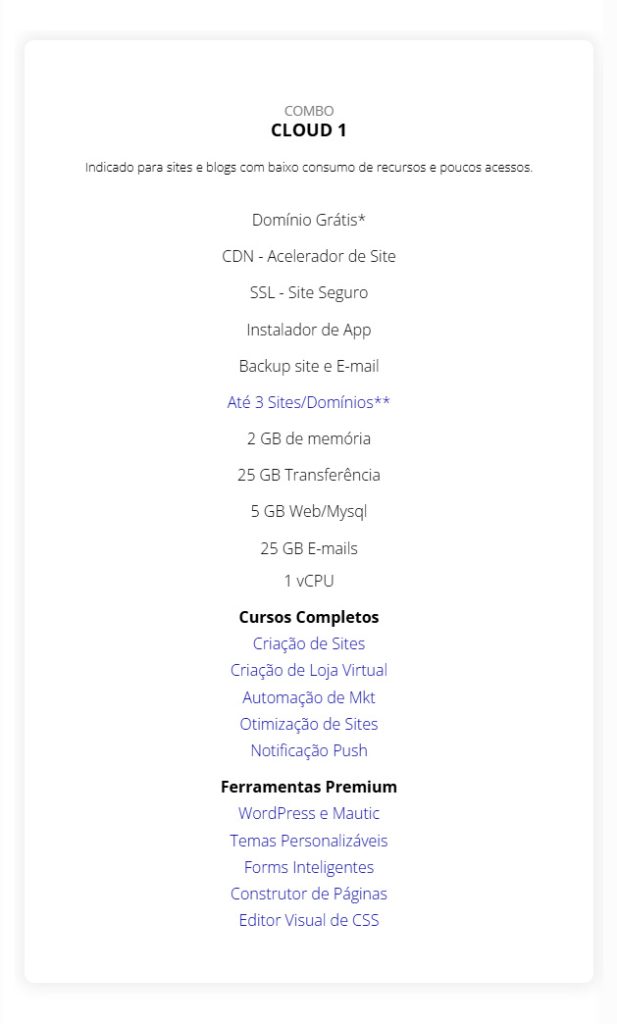 Plano de hospedagem Combo Cloud da Hostnet