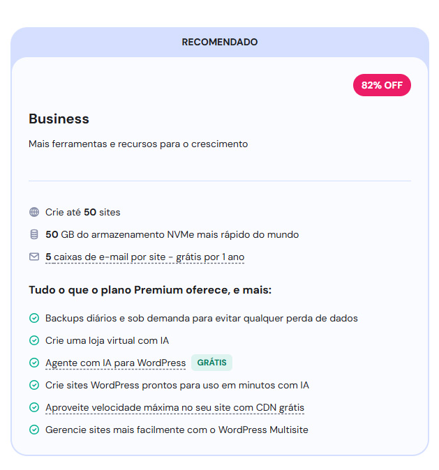 Plano de hospedagem Business Hostinger