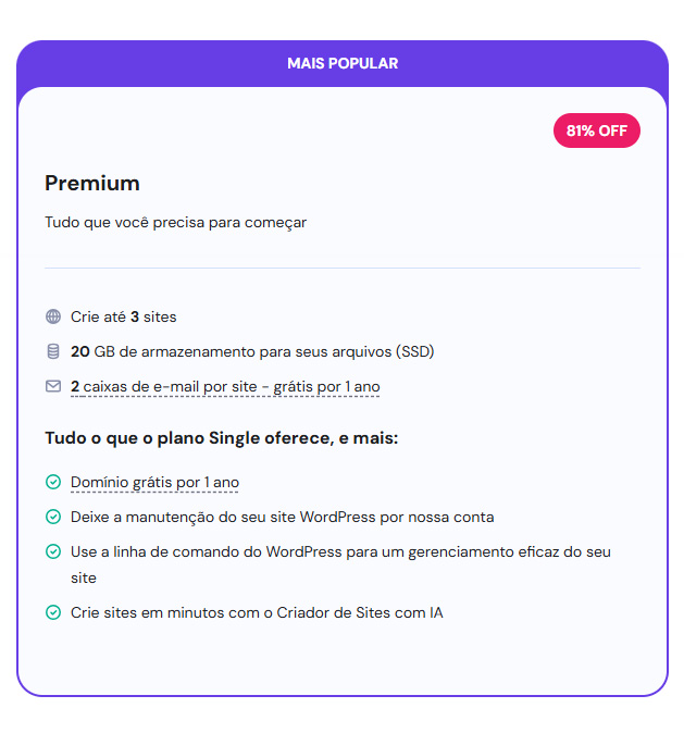 Plano de hospedagem Premium Hostinger - planos de hospedagens